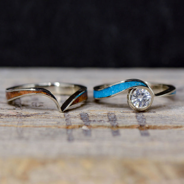 Wavy Moissanite Engagement Ring with Rosewood & Turquoise Inlays
