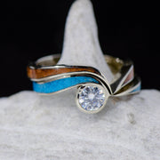 Wavy Diamond Engagement Ring with Rosewood & Turquoise Inlays