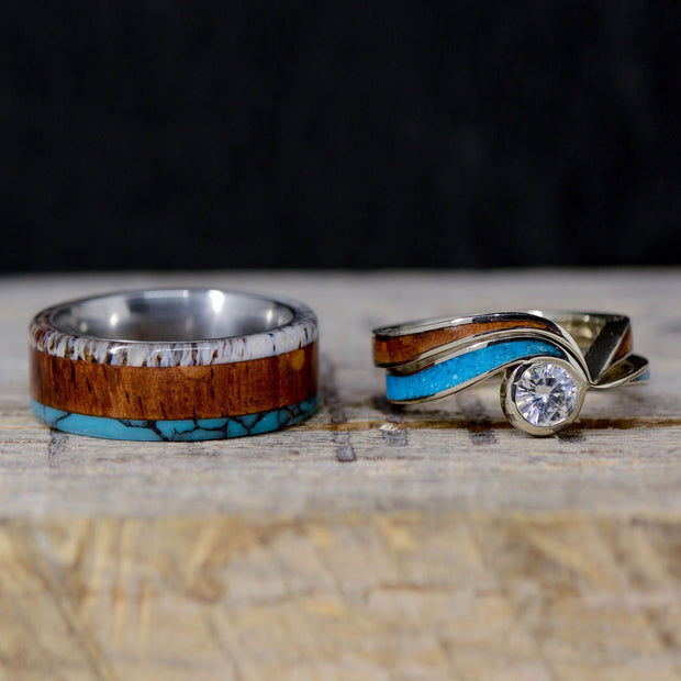Wavy Diamond Engagement Ring, Rosewood, Turquoise, & Antler