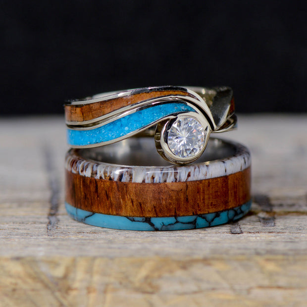 Wavy Moissanite Engagement Ring, Rosewood, Turquoise, & Antler – Stone ...
