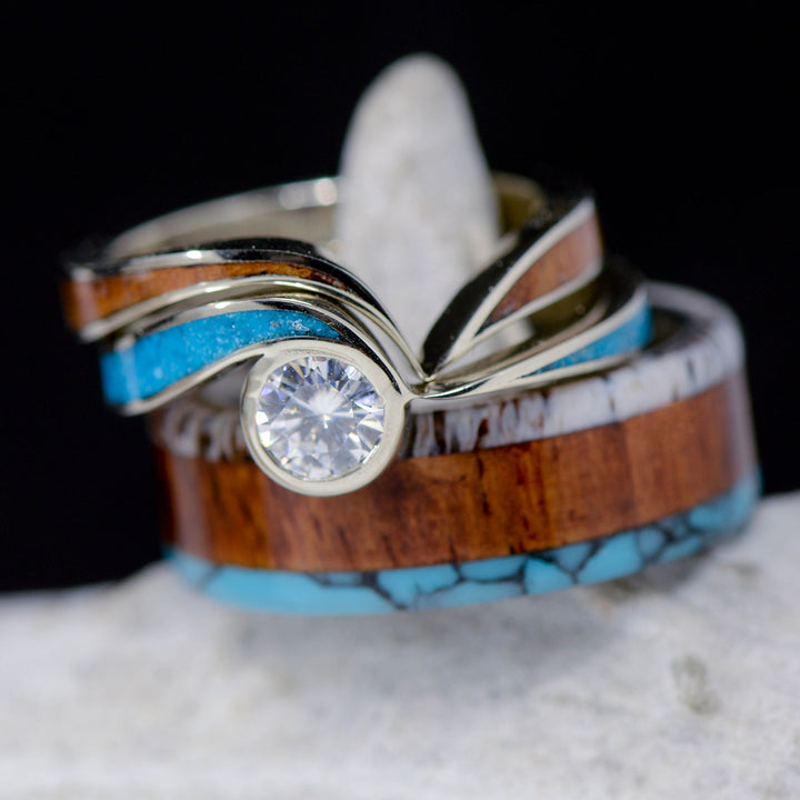 Wavy Diamond Engagement Ring, Rosewood, Turquoise, & Antler