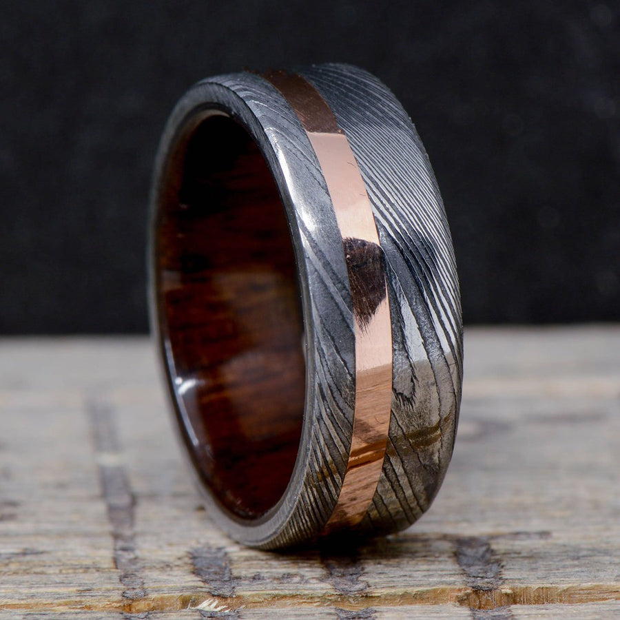 Polished Damascus, Rose Gold and Walnut ring