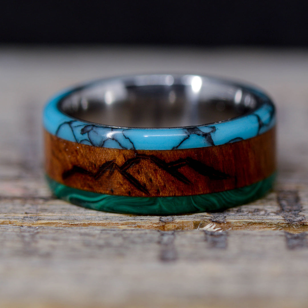 Green Malachite, Rosewood, and Turquoise Inlays with "Engraved Mountains"