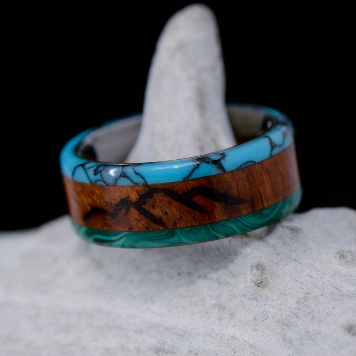 Green Malachite, Rosewood, and Turquoise Inlays with "Engraved Mountains"