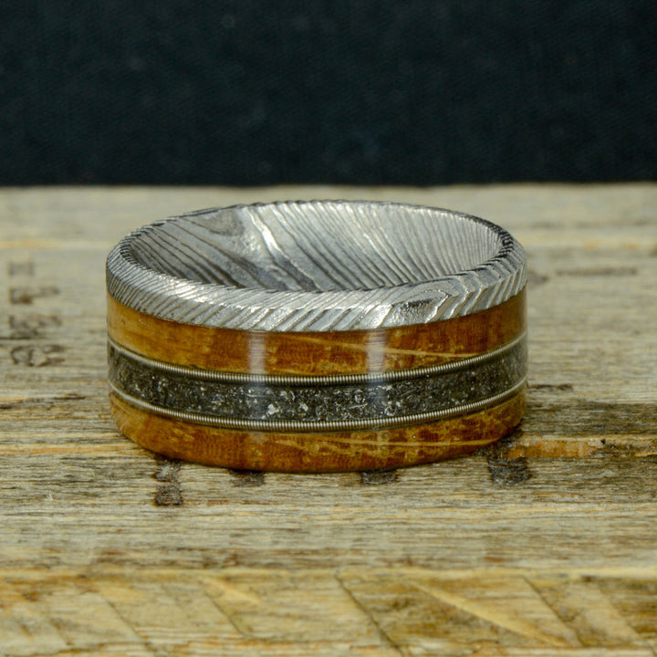 Polished Damascus Steel, Whiskey Barrel Wood, Meteorite, & Guitar Strings