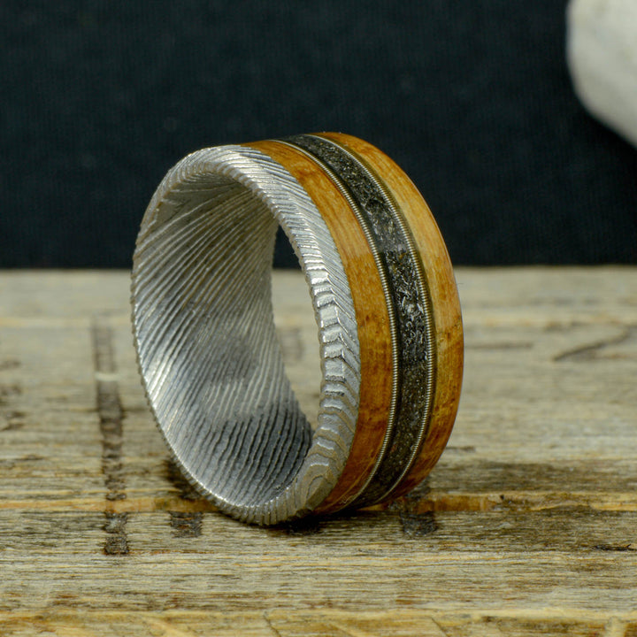 Polished Damascus Steel, Whiskey Barrel Wood, Meteorite, & Guitar Strings