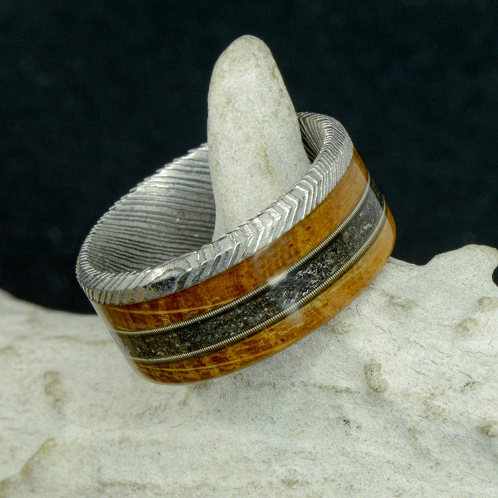 Polished Damascus Steel, Whiskey Barrel Wood, Meteorite, & Guitar Strings