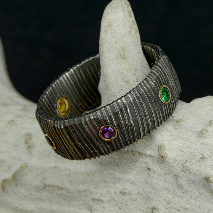 Infinity Ring, Gold, Dark Damascus Steel, & Gemstones