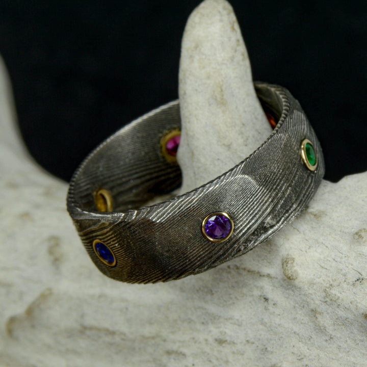 Infinity Ring, Gold, Dark Damascus Steel, & Gemstones