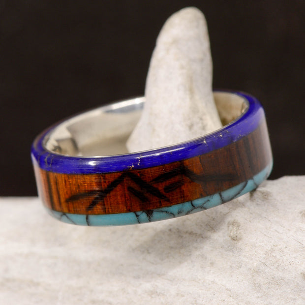 Lapis Lazuli, Turquoise, Rosewood with Engraved Mountains