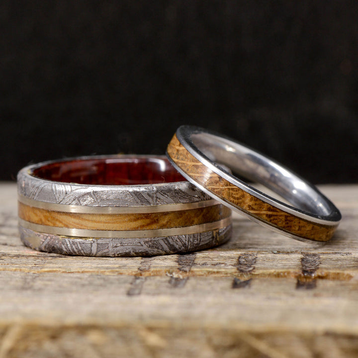 Etched Muonionalusta Meteorite, Whiskey Barrel Wood, Bloodwood, & Gold Pinstripes