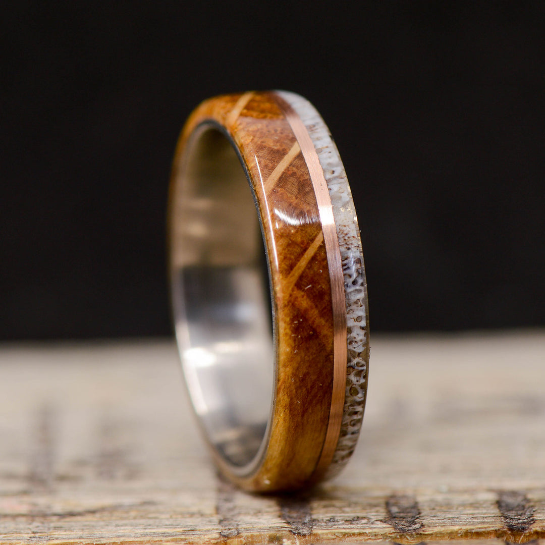 Elk Antler, Rose Gold, Whiskey Barrel Wood