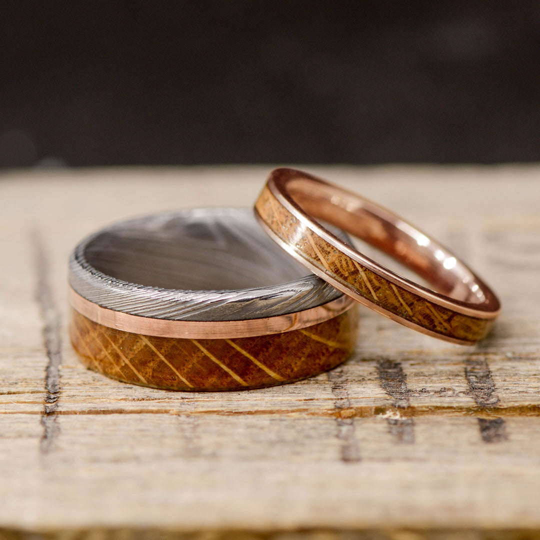 Polished Damascus Steel, Rose Gold, & Whiskey Barrel Wood