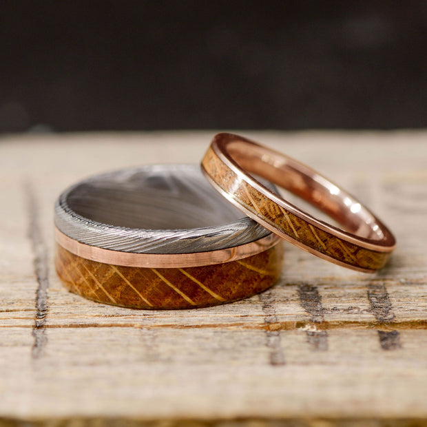 Polished Damascus Steel, Gold or Silver Inlay, & Whiskey Barrel Wood