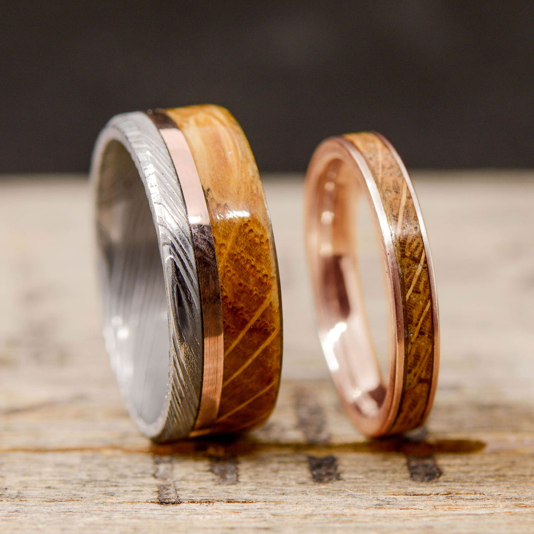 Polished Damascus Steel, Rose Gold, & Whiskey Barrel Wood