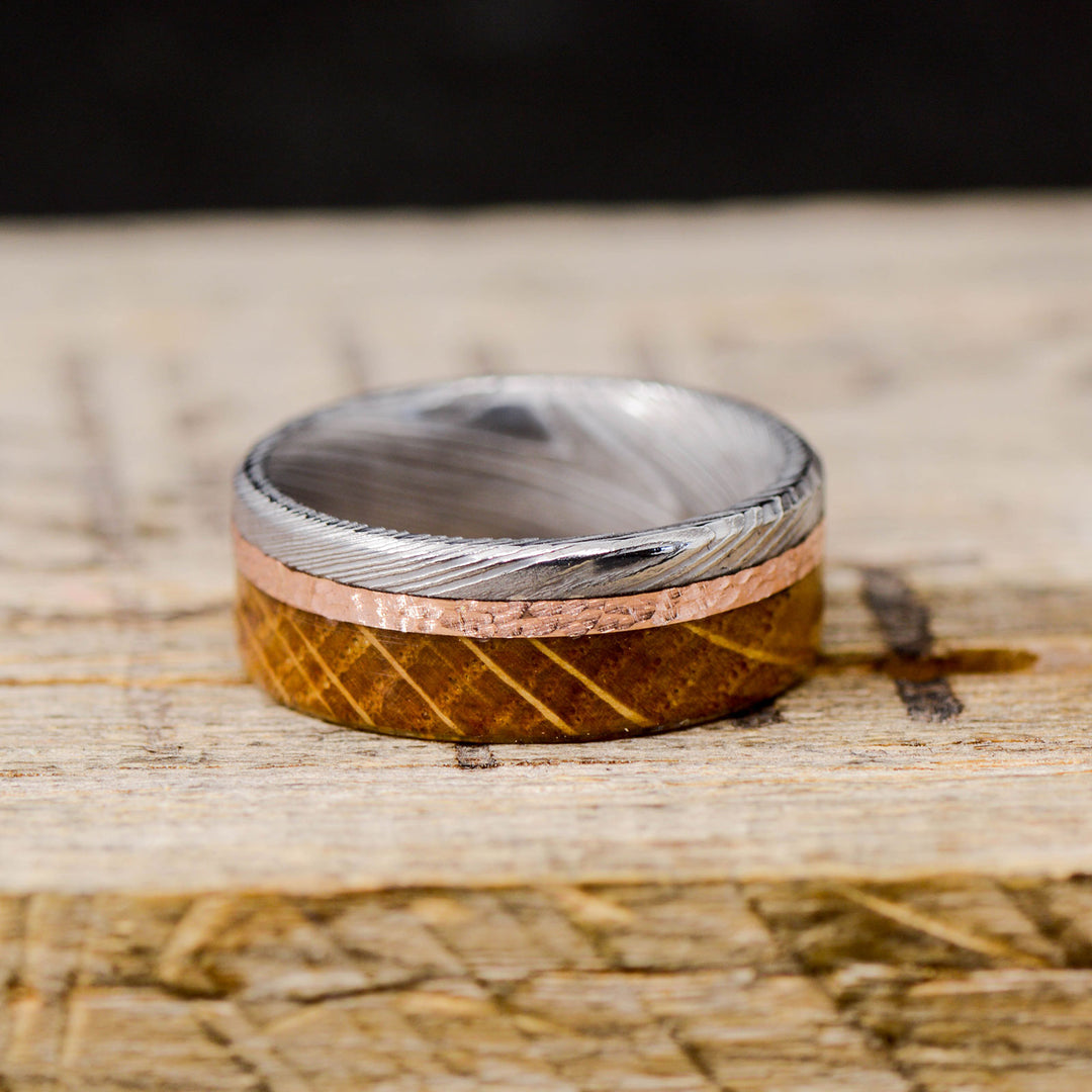 Polished Damascus Steel, Hammered Rose Gold, & Whiskey Barrel Wood