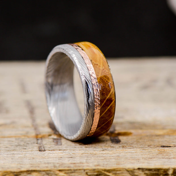 Polished Damascus Steel, Hammered Gold or Silver Inlay, & Whiskey Barrel Wood
