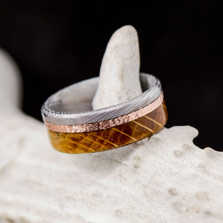 Polished Damascus Steel, Hammered Rose Gold, & Whiskey Barrel Wood