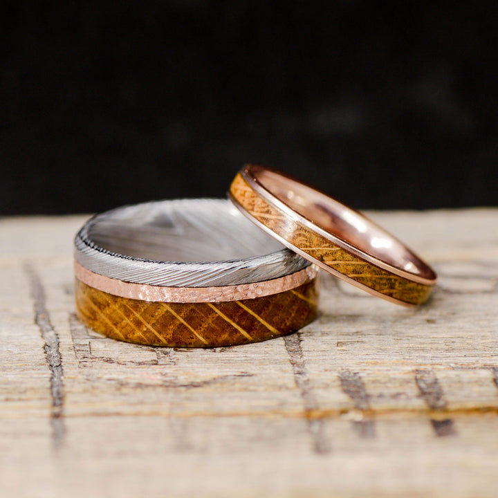 Polished Damascus Steel, Rose Gold, Whiskey Barrel Wood, & Hammered Finish