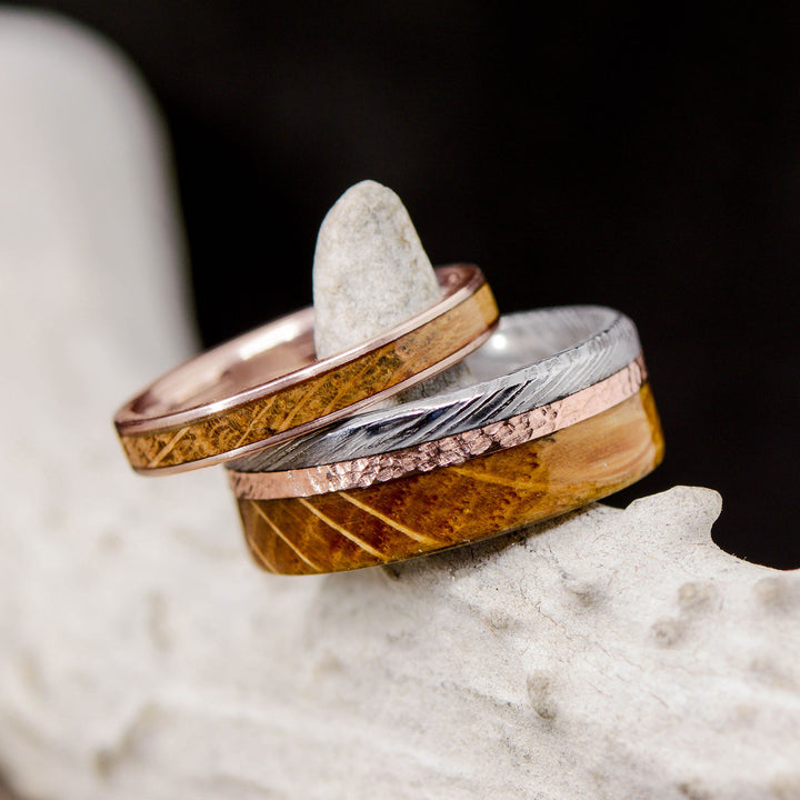 Polished Damascus Steel, Rose Gold, Whiskey Barrel Wood, & Hammered Finish