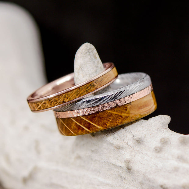 Polished Damascus Steel, Gold or Silver Inlay, Whiskey Barrel Wood, & Hammered Finish