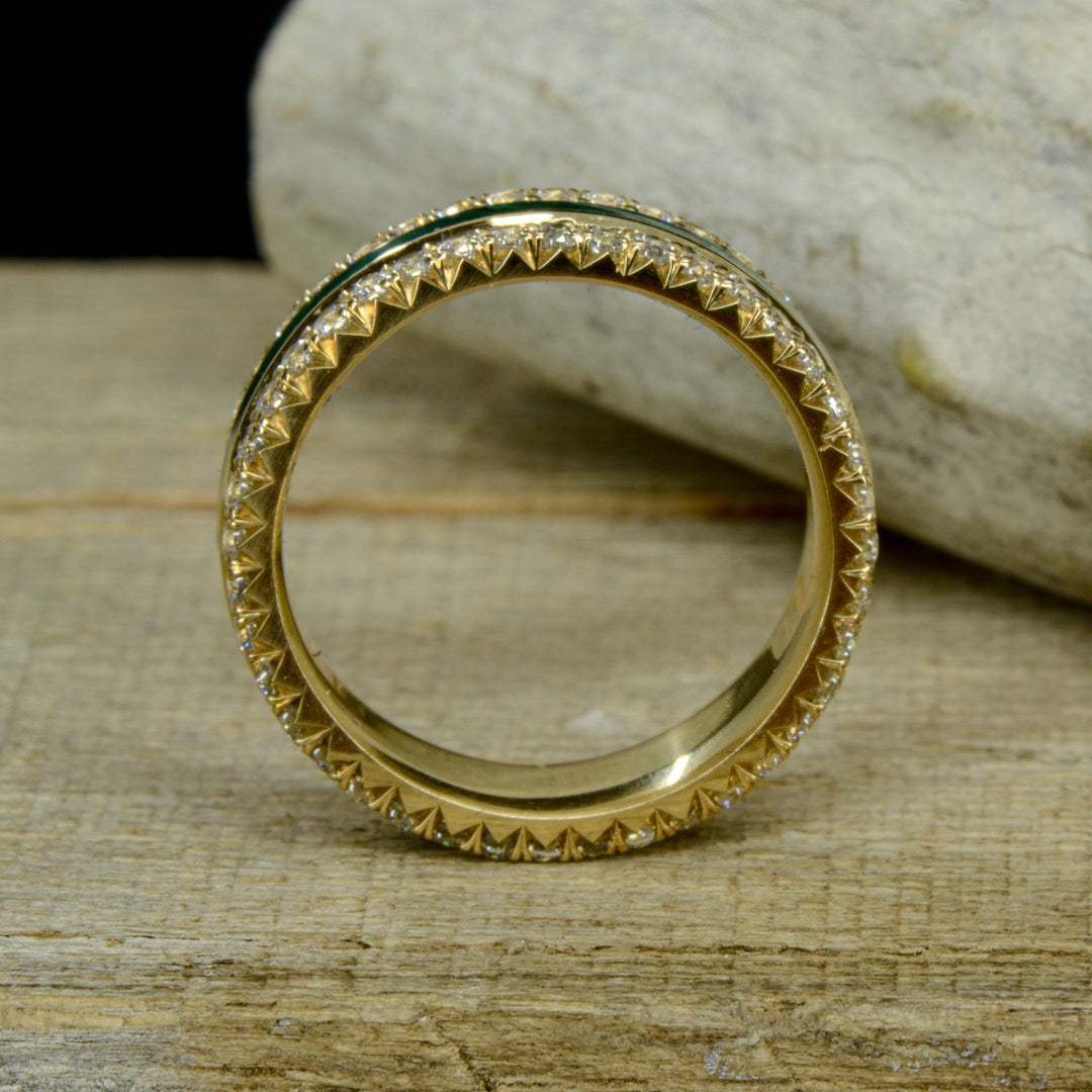 French Cut Gold Band with Diamonds & Center Malachite Inlay