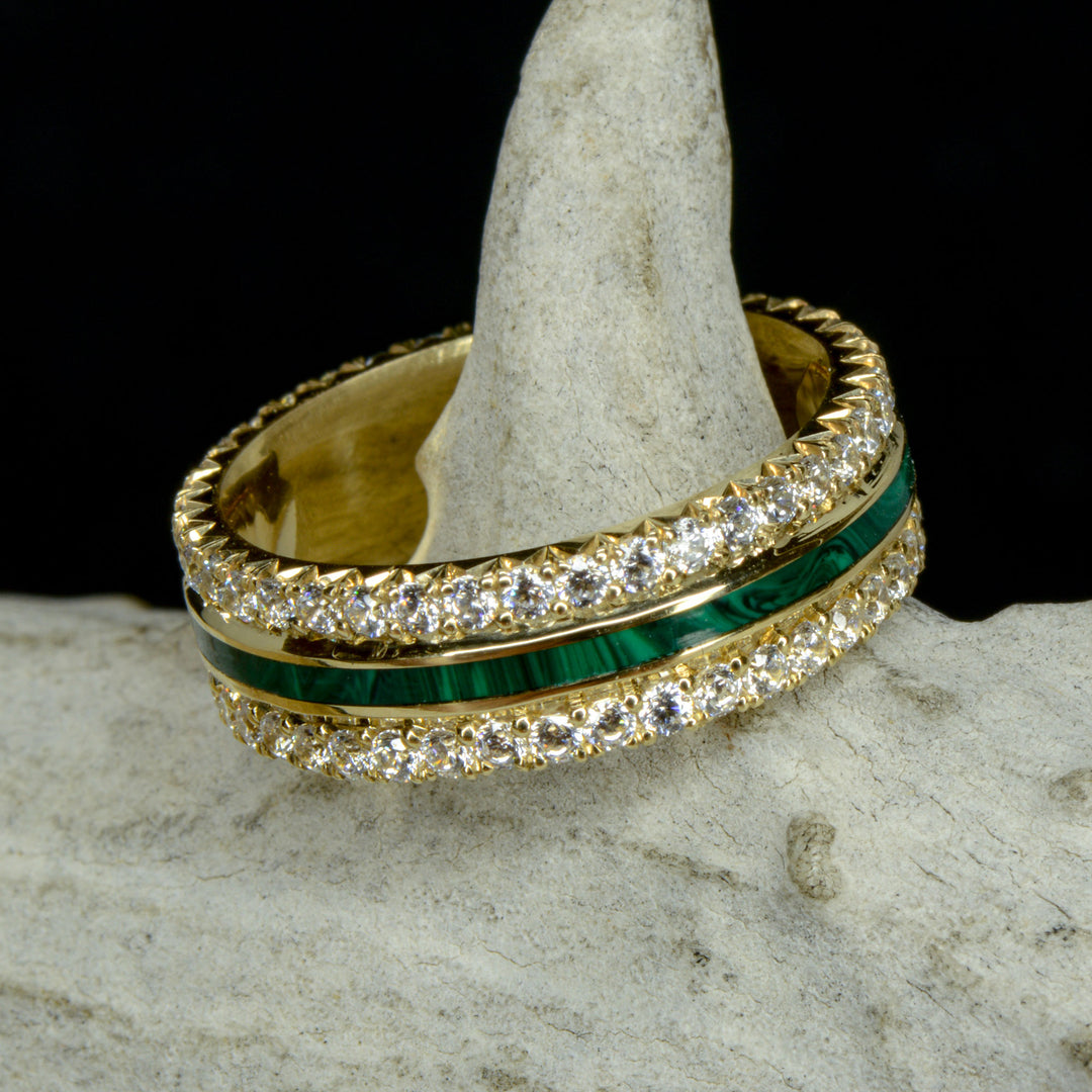 French Cut Gold Band with Diamonds & Center Malachite Inlay