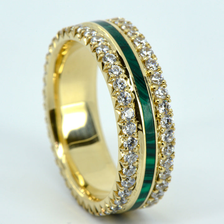 French Cut Gold Band with Diamonds & Center Malachite Inlay