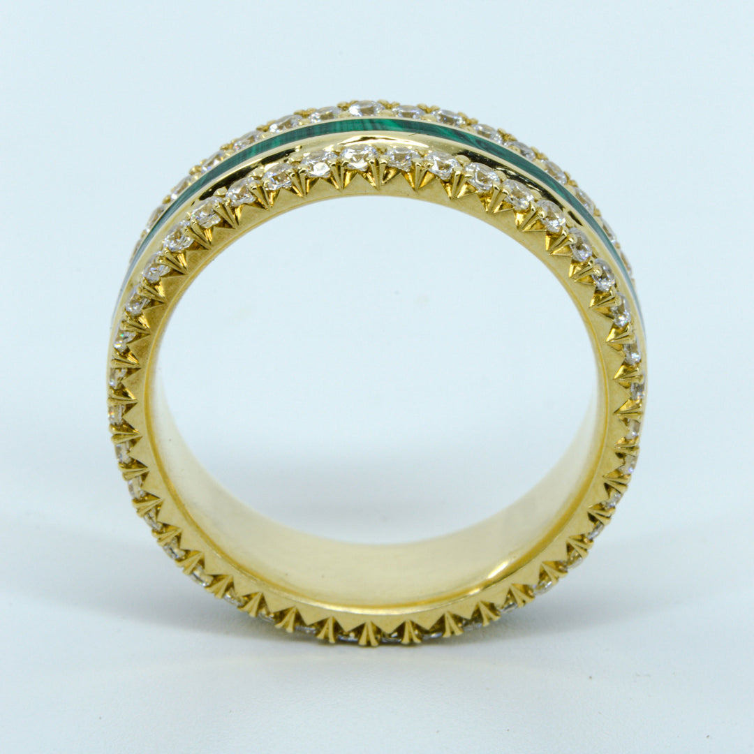 French Cut Gold Band with Diamonds & Center Malachite Inlay