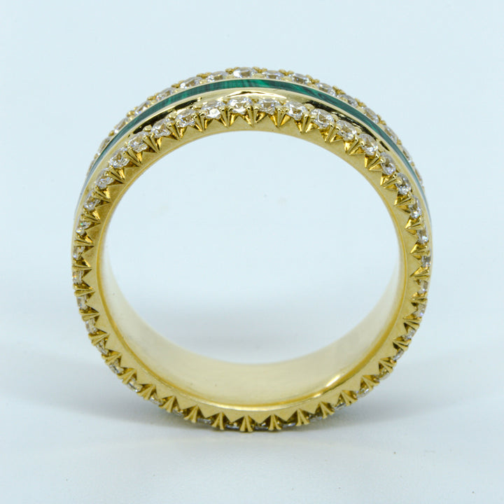 French Cut Gold Band with Diamonds & Center Malachite Inlay