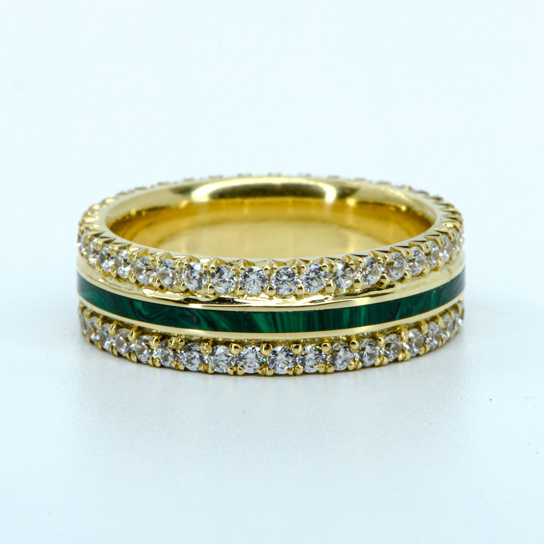 French Cut Gold Band with Diamonds & Center Malachite Inlay