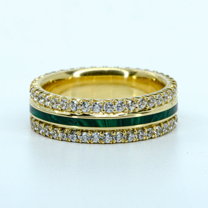 French Cut Gold Band with Diamonds & Center Malachite Inlay