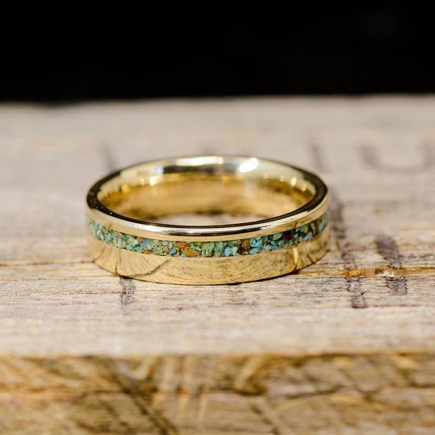 Green Blue Turquoise Inlaid into Gold Band