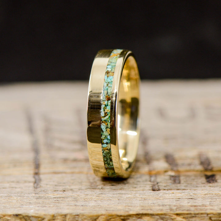 Green Blue Turquoise Inlaid into Gold Band