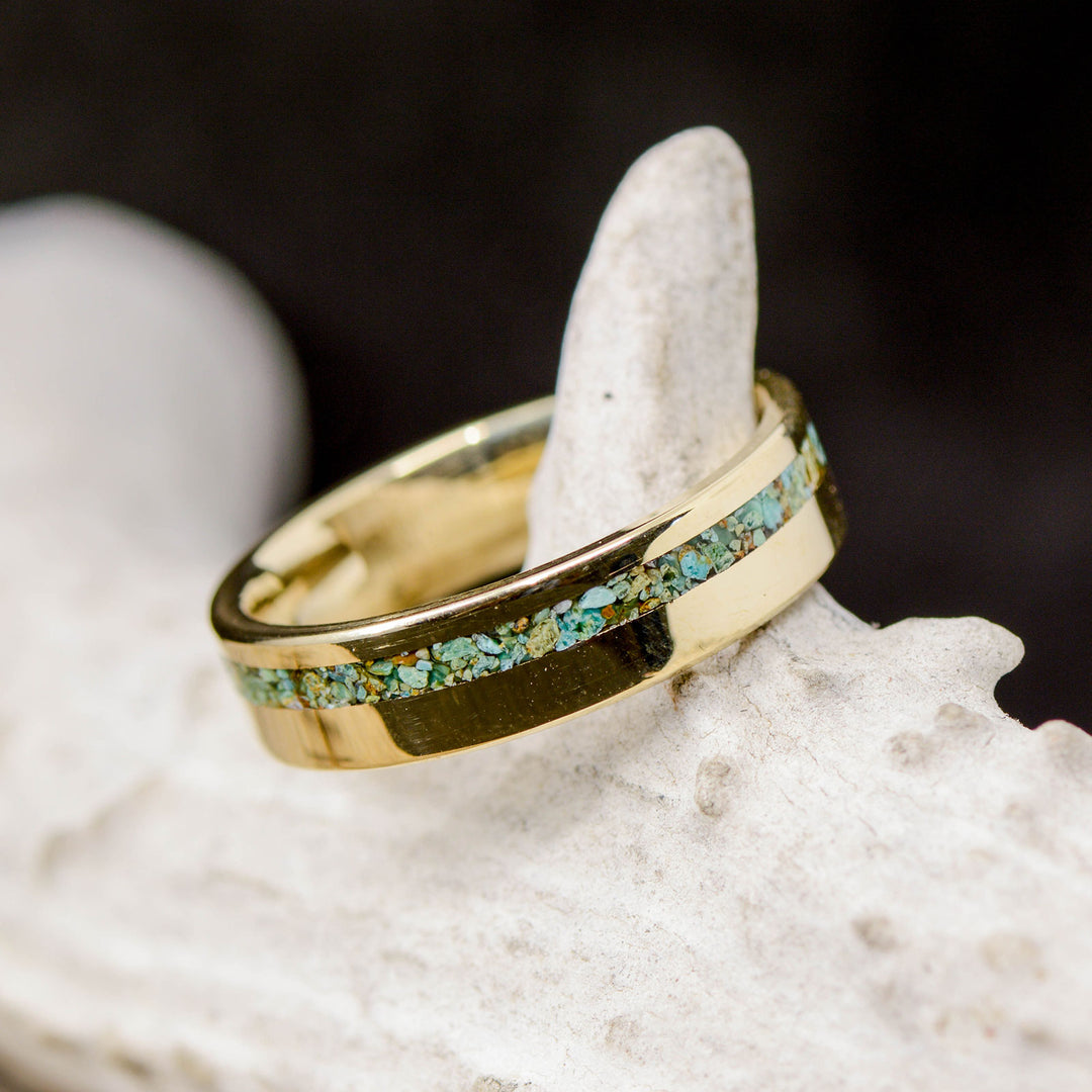 Green Blue Turquoise Inlaid into Gold Band