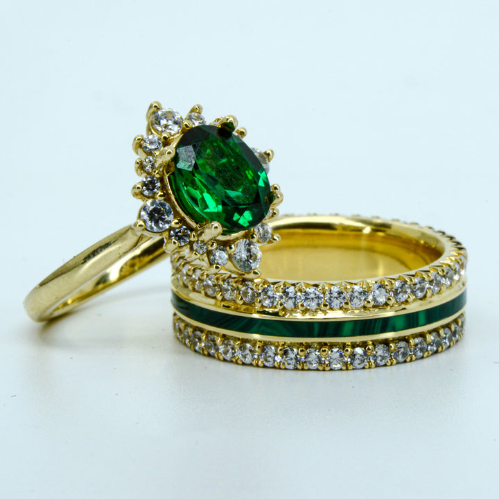 Oval Moissanite Halo, French Cut Band, with Diamonds, & Malachite