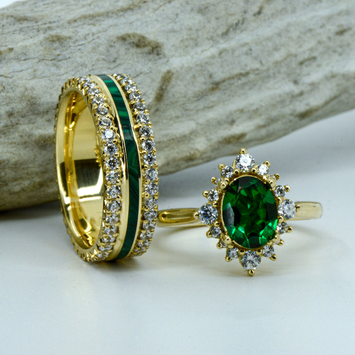 Oval Moissanite Halo, French Cut Band, with Diamonds, & Malachite