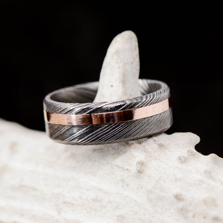 Dark Damascus Steel & Offset Rose Gold