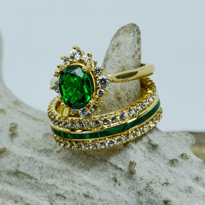 Oval Moissanite Halo, French Cut Band, with Diamonds, & Malachite