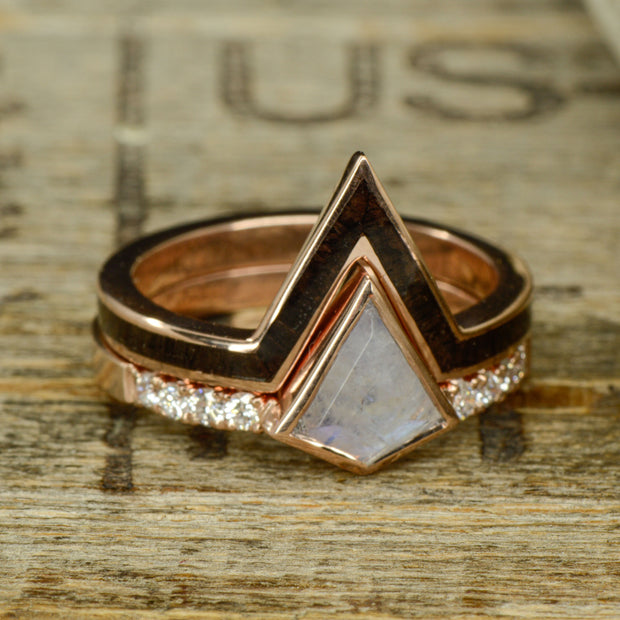 Kite Moonstone Engagement Ring with Diamond Accents & Blackwood V-Ring