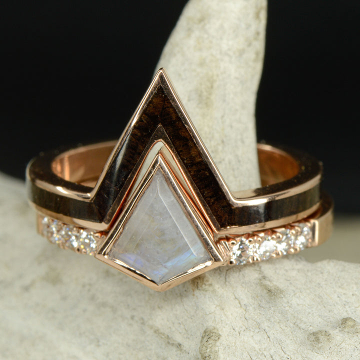 Kite Moonstone Engagement Ring with Diamond Accents & Blackwood V-Ring