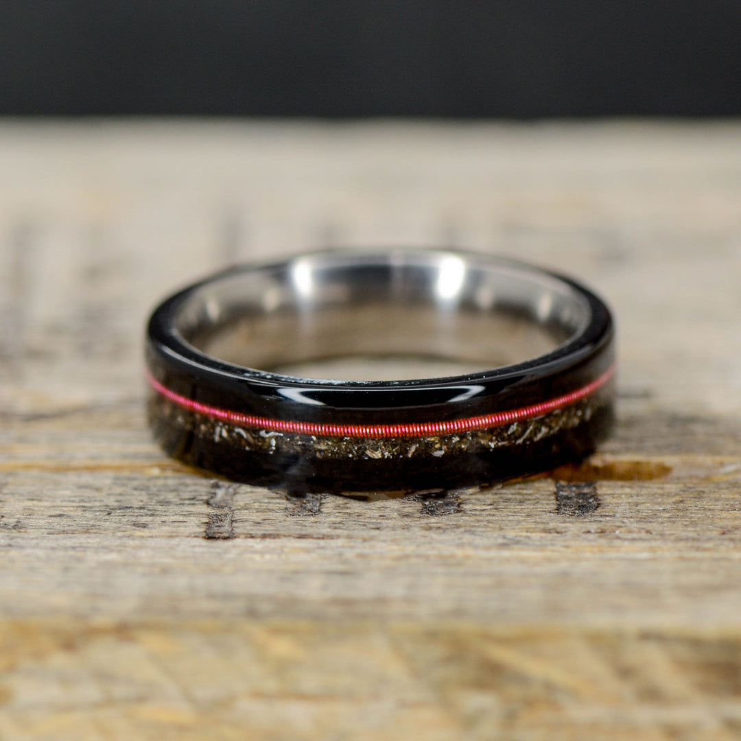 Blackwood, Red Guitar String, and Crushed Meteorite Inlays