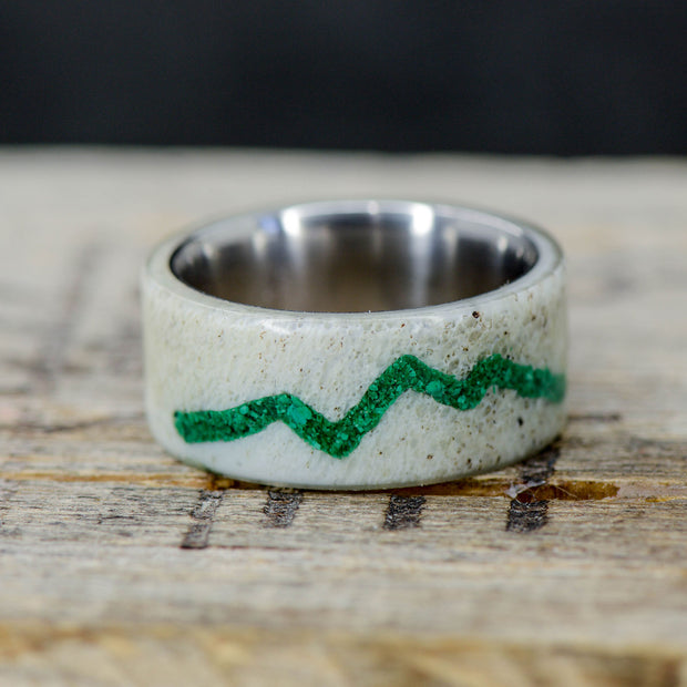 SALE RING - Titanium, Elk Antler with Mountain Engraving in Green Malachite - Size 6.75