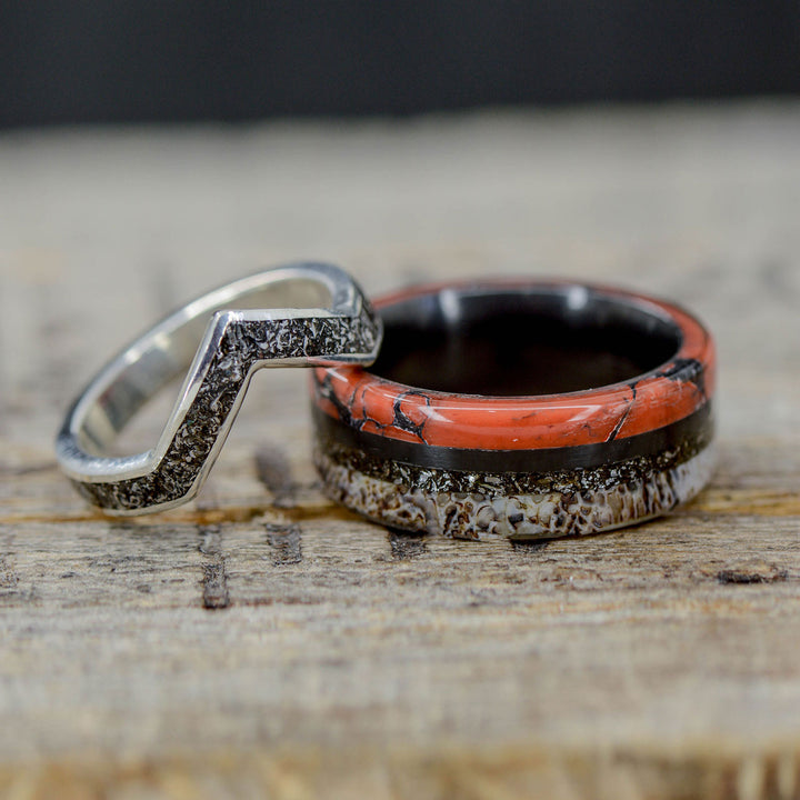 Dinosaur Bone, Meteorite, and Antler with Meteorite V-Ring