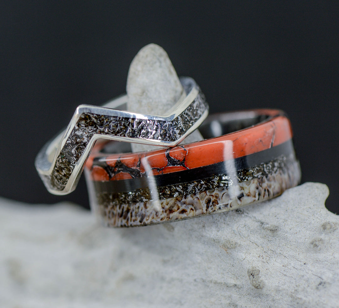 Dinosaur Bone, Meteorite, and Antler with Meteorite V-Ring