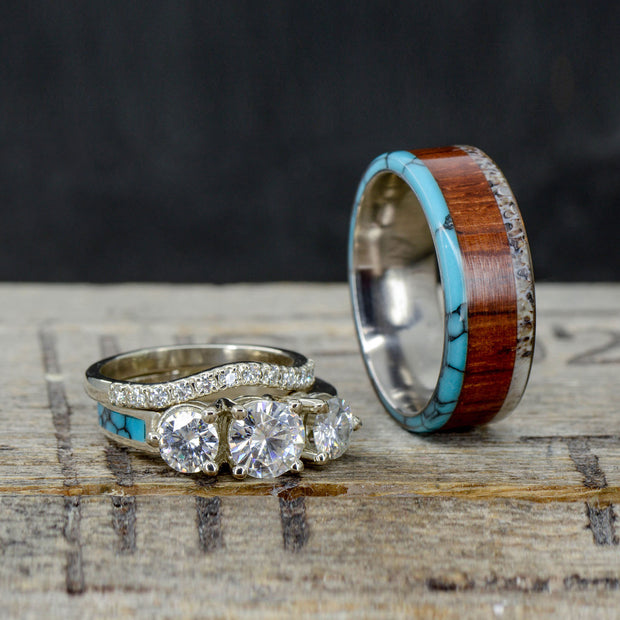 Turquoise, Rosewood, Antler, & Diamond Engagement Ring
