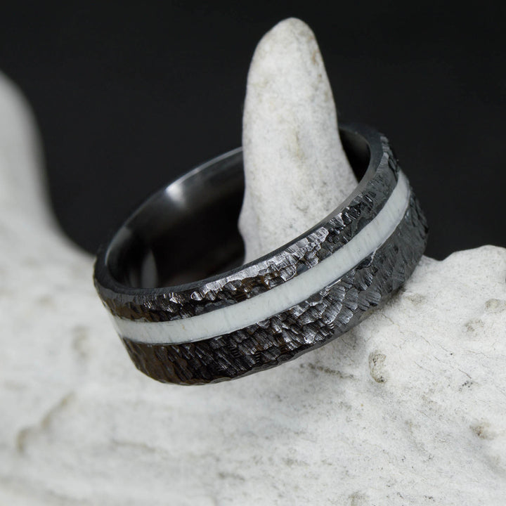 Black Zirconium Hammered Finish Metal with Offset Antler Inlay