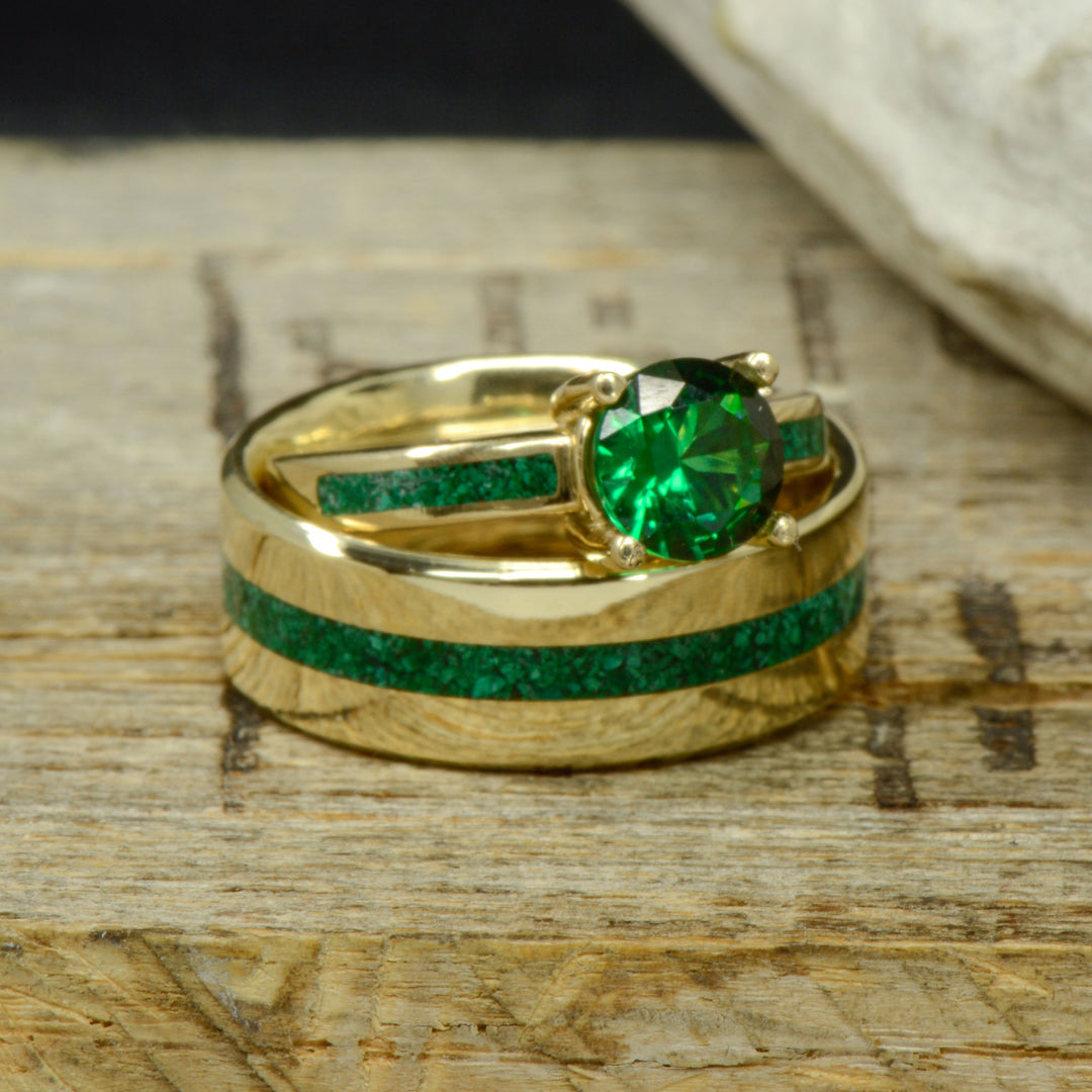 Emerald Solitaire, Yellow Gold, & Malachite