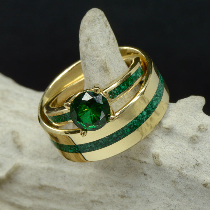 Emerald Solitaire, Yellow Gold, & Malachite