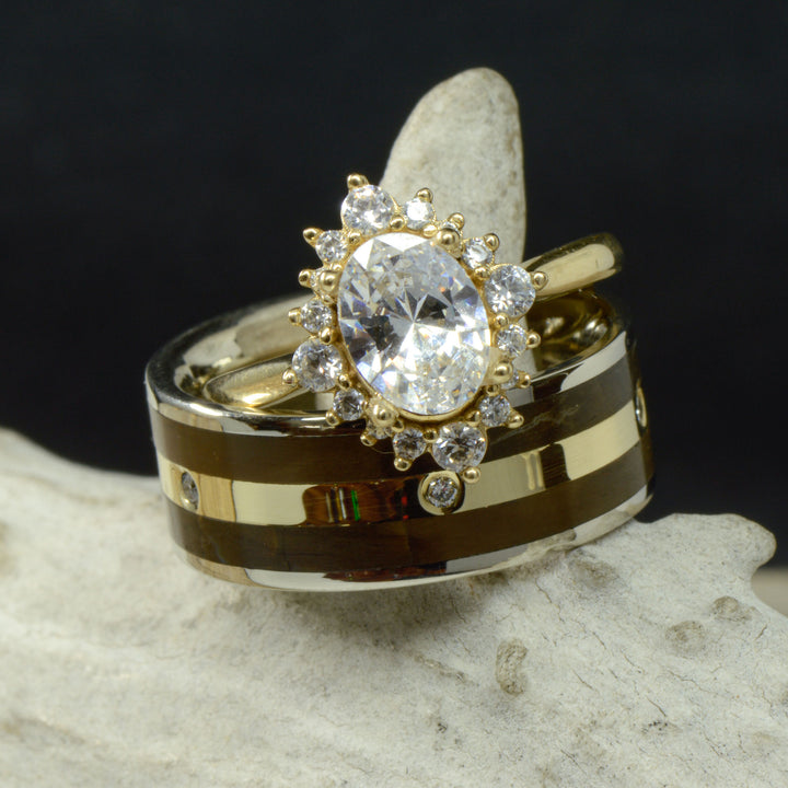 Yellow Gold Oval Diamond Halo Ring & Petrified Wood, Diamonds